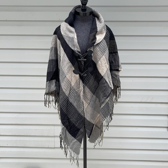 Lightweight Fringe Plaid Buffalo Check Fall Poncho Coat One Size - Picture 1 of 6